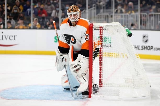 Felix Sandstrom of the Philadelphia Flyers tends net during the third period of the preseason game against the Boston Bruins at TD Garden on...
