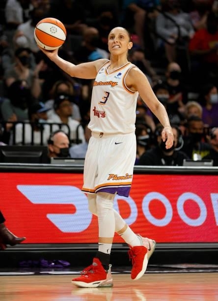 Diana Taurasi of the Phoenix Mercury tosses the ball at the basket after a call against the Mercury during Game Two of the 2021 WNBA Playoffs...