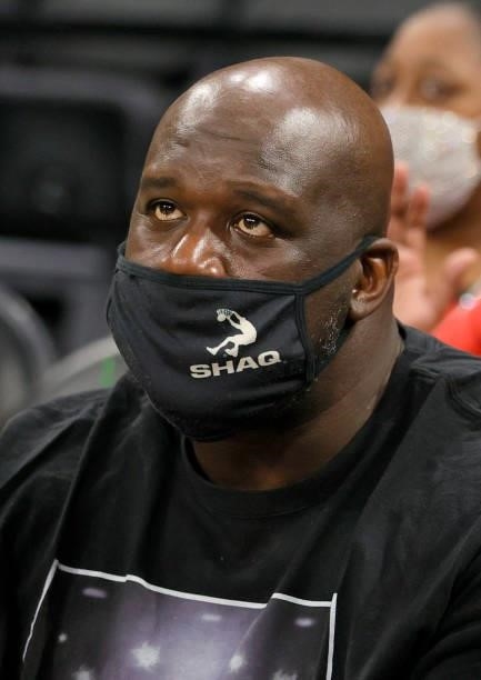 Former NBA player Shaquille O'Neal attends Game Two of the 2021 WNBA Playoffs semifinals between the Phoenix Mercury and the Las Vegas Aces at...