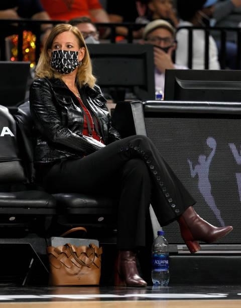 Commissioner Cathy Engelbert attends Game Two of the 2021 WNBA Playoffs semifinals between the Phoenix Mercury and the Las Vegas Aces at Michelob...