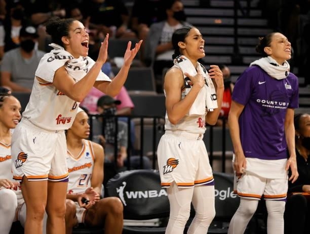 Kia Nurse, Skylar Diggins-Smith and Diana Taurasi of the Phoenix Mercury react on the bench in the fourth quarter of Game Two of the 2021 WNBA...