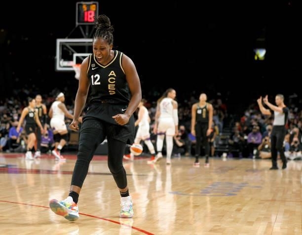 Chelsea Gray of the Las Vegas Aces reacts after she was called for a foul against the Phoenix Mercury during Game Two of the 2021 WNBA Playoffs...