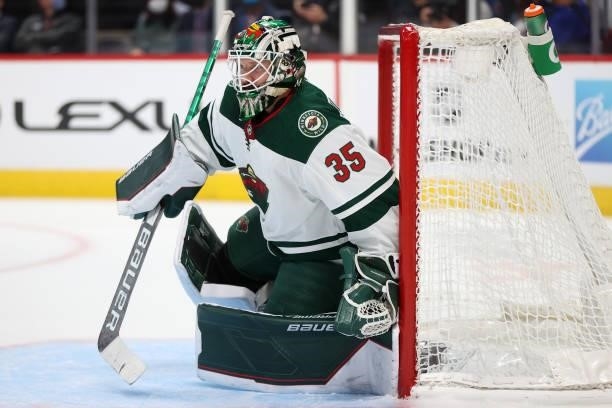 Andrew Hammond of the Minnesota Wild tends goal against the Colorado Avalanche in the second period at Ball Arena on September 30, 2021 in Denver,...