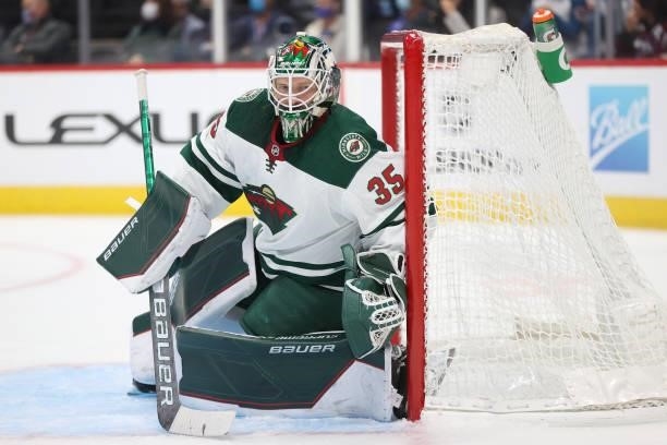 Andrew Hammond of the Minnesota Wild tends goal against the Colorado Avalanche in the second period at Ball Arena on September 30, 2021 in Denver,...