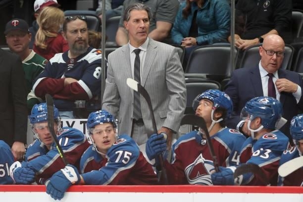 Head coach Jared Bednar of the Colorado Avalanche watches as his team plays the Minnesota Wild in the second period at Ball Arena on September 30,...