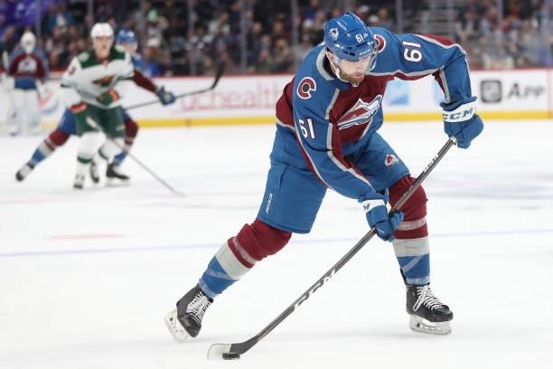 Martin Kaut of the Colorado Avalanche looks for an opening on goal against the Minnesota Wild in the second period at Ball Arena on September 30,...