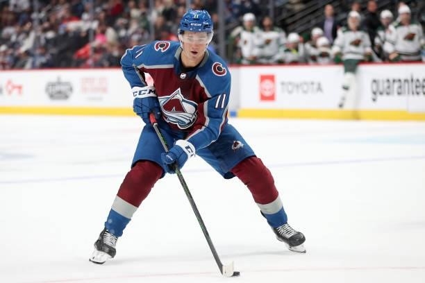 Matt Calvert of the Colorado Avalanche plays the Minnesota Wild in the second period at Ball Arena on September 30, 2021 in Denver, Colorado.