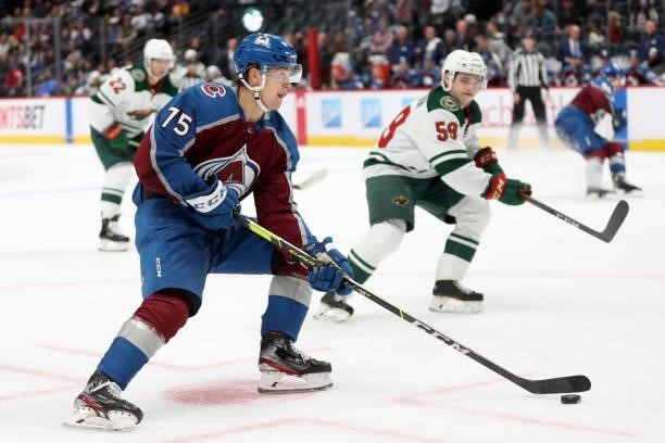 Sampo Ranta of the Colorado Avalanche looks for an opening on goal against the Minnesota Wild in the second period at Ball Arena on September 30,...