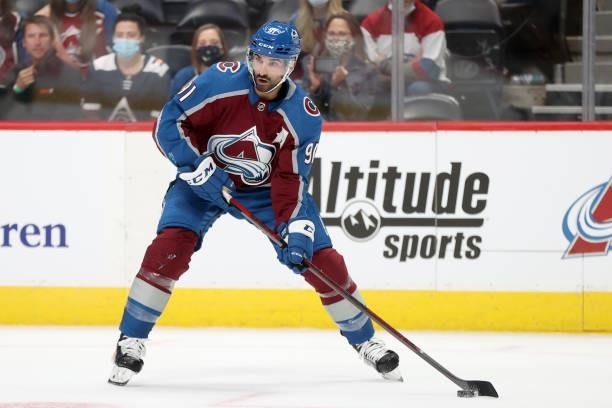 Nazem Kadri of the Colorado Avalanche plays the Minnesota Wild in the second period at Ball Arena on September 30, 2021 in Denver, Colorado.