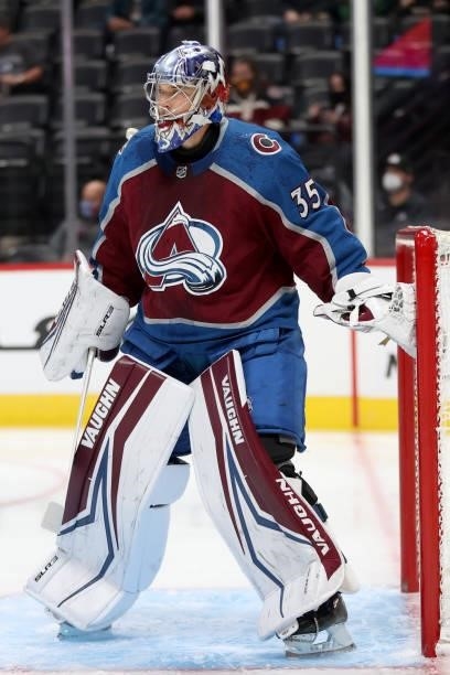 Darcy Kuemper of the Colorado Avalanche tends goal against the Minnesota Wild in the first period at Ball Arena on September 30, 2021 in Denver,...