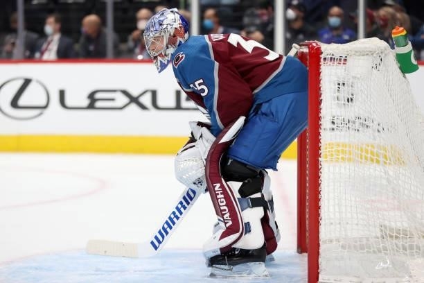 Darcy Kuemper of the Colorado Avalanche tends goal against the Minnesota Wild in the first period at Ball Arena on September 30, 2021 in Denver,...