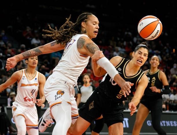 Brittney Griner of the Phoenix Mercury blocks a shot by Kelsey Plum of the Las Vegas Aces during Game Two of the 2021 WNBA Playoffs semifinals at...