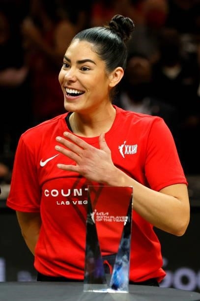 Kelsey Plum of the Las Vegas Aces reacts as she is presented with the WNBA's Sixth Player of the Year award before Game Two of the 2021 WNBA Playoffs...