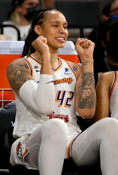 Brittney Griner of the Phoenix Mercury reacts on the bench in the fourth quarter of Game Two of the 2021 WNBA Playoffs semifinals against the Las...