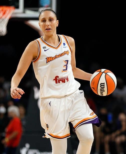 Diana Taurasi of the Phoenix Mercury brings the ball up the court against the Las Vegas Aces during Game Two of the 2021 WNBA Playoffs semifinals at...