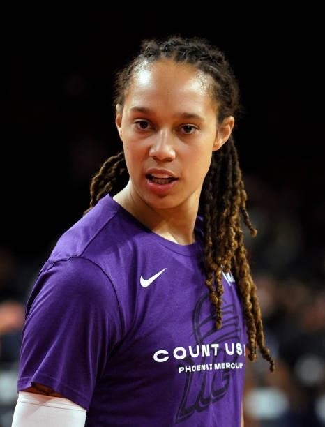 Brittney Griner of the Phoenix Mercury warms up before Game Two of the 2021 WNBA Playoffs semifinals against the Las Vegas Aces at Michelob ULTRA...