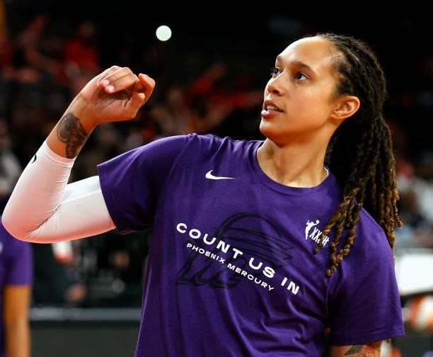 Brittney Griner of the Phoenix Mercury warms up before Game Two of the 2021 WNBA Playoffs semifinals against the Las Vegas Aces at Michelob ULTRA...