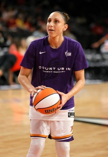 Diana Taurasi of the Phoenix Mercury warms up before Game Two of the 2021 WNBA Playoffs semifinals against the Las Vegas Aces at Michelob ULTRA Arena...