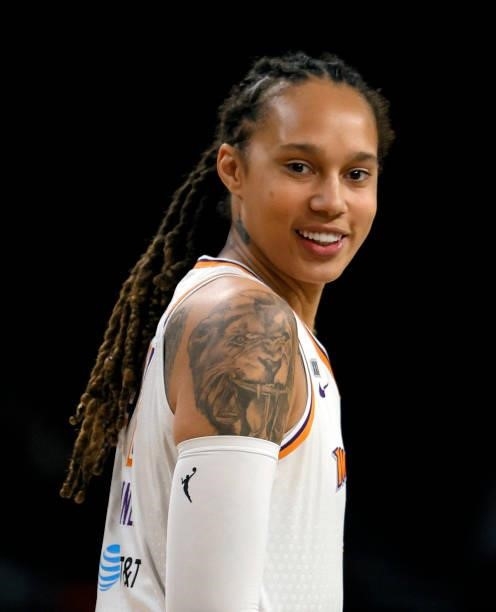 Brittney Griner of the Phoenix Mercury smiles before Game Two of the 2021 WNBA Playoffs semifinals against the Las Vegas Aces at Michelob ULTRA Arena...