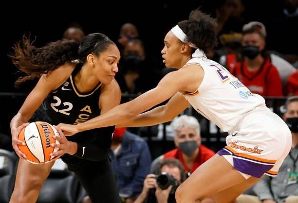 Ja Wilson of the Las Vegas Aces is guarded by Brianna Turner of the Phoenix Mercury during Game Two of the 2021 WNBA Playoffs semifinals at Michelob...