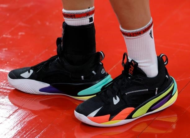 Skylar Diggins-Smith of the Phoenix Mercury wears Puma sneakers as she warms up before Game Two of the 2021 WNBA Playoffs semifinals against the Las...