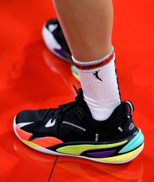 Skylar Diggins-Smith of the Phoenix Mercury wears Puma sneakers as she warms up before Game Two of the 2021 WNBA Playoffs semifinals against the Las...