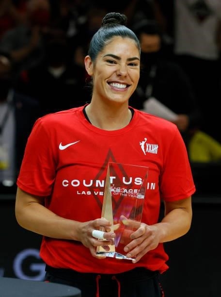 Kelsey Plum of the Las Vegas Aces reacts as she is presented with the WNBA's Sixth Player of the Year award before Game Two of the 2021 WNBA Playoffs...