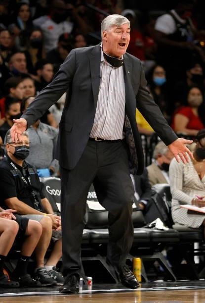 Head coach Bill Laimbeer of the Las Vegas Aces reacts to an official's call during Game Two of the 2021 WNBA Playoffs semifinals against the Phoenix...