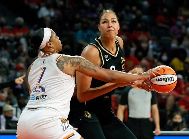 Kia Vaughn of the Phoenix Mercury knocks the ball away from Liz Cambage of the Las Vegas Aces during Game Two of the 2021 WNBA Playoffs semifinals at...