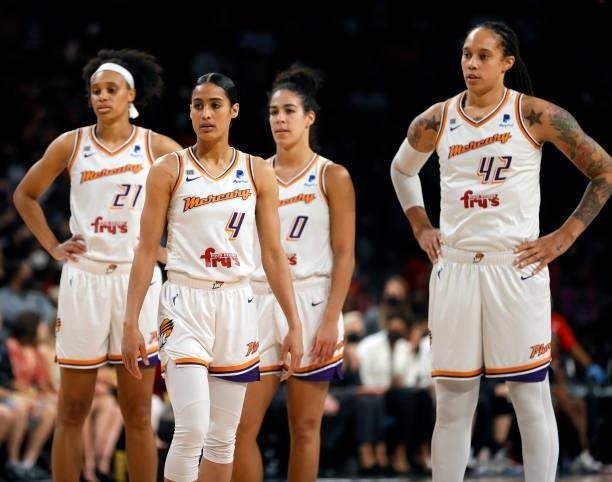 Brianna Turner, Skylar Diggins-Smith, Kia Nurse and Brittney Griner of the Phoenix Mercury stand on the court during a stop in play during Game Two...