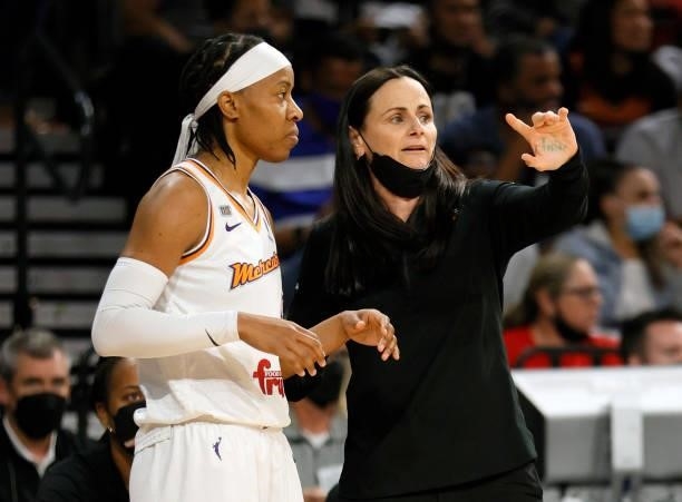 Shey Peddy of the Phoenix Mercury talks to head coach Sandy Brondello during Game Two of the 2021 WNBA Playoffs semifinals against the Las Vegas Aces...