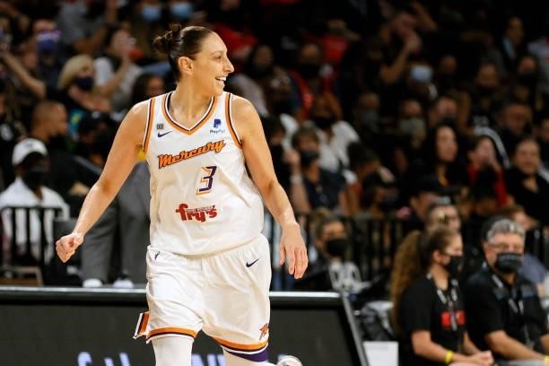 Diana Taurasi of the Phoenix Mercury reacts after hitting a 3-pointer against the Las Vegas Aces during Game Two of the 2021 WNBA Playoffs semifinals...