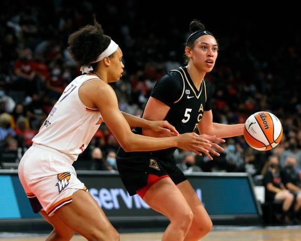 Dearica Hamby of the Las Vegas Aces is guarded by Kia Vaughn of the Phoenix Mercury during Game Two of the 2021 WNBA Playoffs semifinals at Michelob...