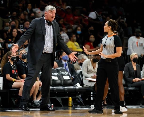 Head coach Bill Laimbeer of the Las Vegas Aces argues a call with referee Tiara Cruse during Game Two of the 2021 WNBA Playoffs semifinals against...