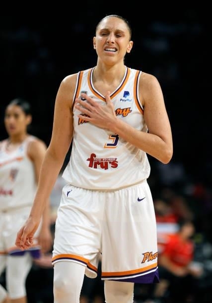 Diana Taurasi of the Phoenix Mercury reacts after taking an elbow from Chelsea Gray of the Las Vegas Aces during Game Two of the 2021 WNBA Playoffs...
