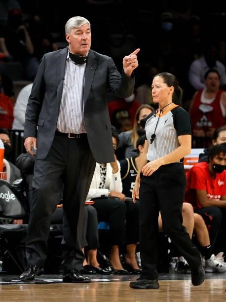 Head coach Bill Laimbeer of the Las Vegas Aces talks with referee Maj Forsberg during Game Two of the 2021 WNBA Playoffs semifinals against the...