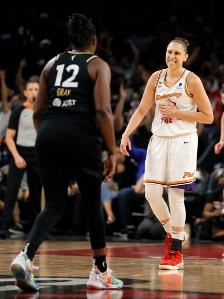 Diana Taurasi of the Phoenix Mercury reacts after taking an elbow from Chelsea Gray of the Las Vegas Aces during Game Two of the 2021 WNBA Playoffs...