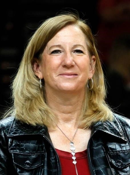 Commissioner Cathy Engelbert stands on the court to present awards before Game Two of the 2021 WNBA Playoffs semifinals between the Phoenix Mercury...