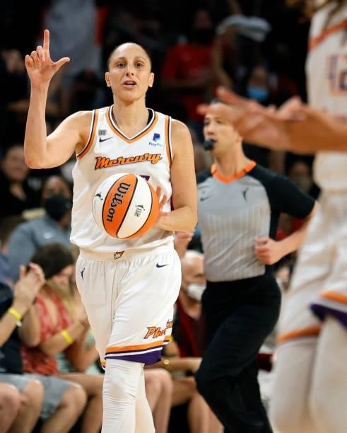 Diana Taurasi of the Phoenix Mercury sets up a play against the Las Vegas Aces during Game Two of the 2021 WNBA Playoffs semifinals at Michelob ULTRA...