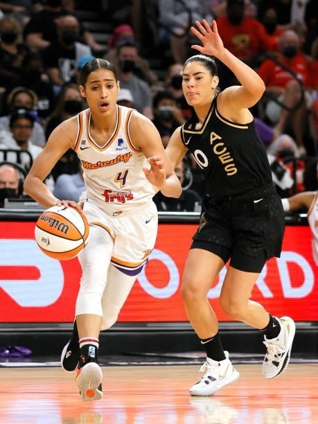 Skylar Diggins-Smith of the Phoenix Mercury drives against Kelsey Plum of the Las Vegas Aces during Game Two of the 2021 WNBA Playoffs semifinals at...