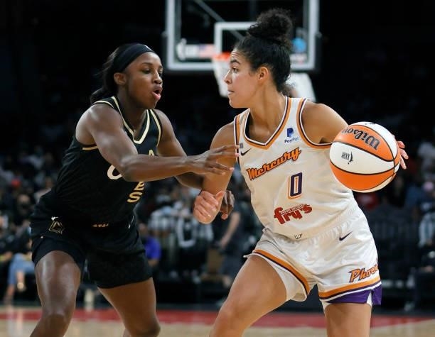 Kia Nurse of the Phoenix Mercury is guarded by Jackie Young of the Las Vegas Aces during Game Two of the 2021 WNBA Playoffs semifinals at Michelob...