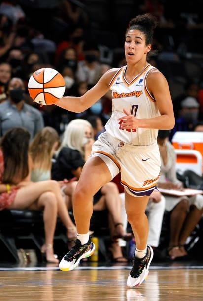 Kia Nurse of the Phoenix Mercury brings the ball up the court against the Las Vegas Aces during Game Two of the 2021 WNBA Playoffs semifinals at...