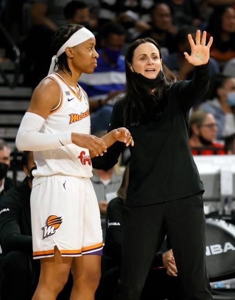 Shey Peddy of the Phoenix Mercury talks to head coach Sandy Brondello during Game Two of the 2021 WNBA Playoffs semifinals against the Las Vegas Aces...