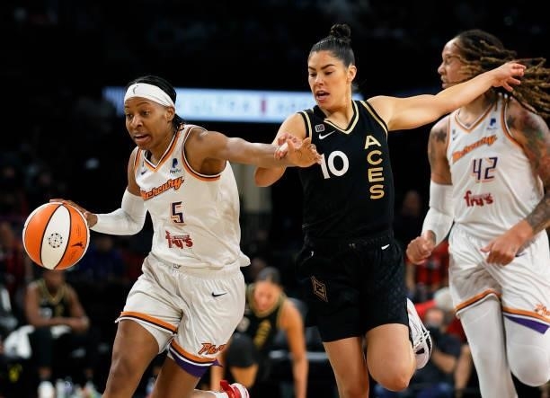 Shey Peddy of the Phoenix Mercury is fouled by Kelsey Plum of the Las Vegas Aces during Game Two of the 2021 WNBA Playoffs semifinals at Michelob...