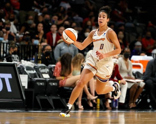 Kia Nurse of the Phoenix Mercury brings the ball up the court against the Las Vegas Aces during Game Two of the 2021 WNBA Playoffs semifinals at...