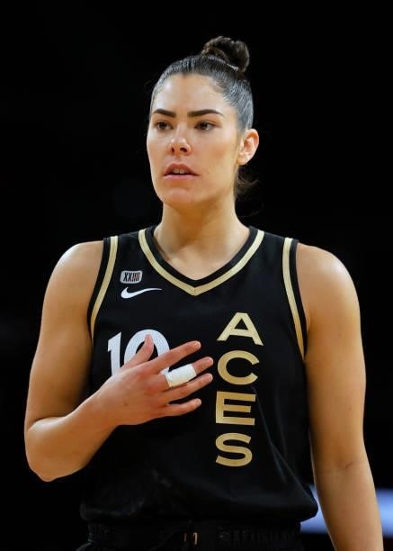 Kelsey Plum of the Las Vegas Aces walks on the court during Game Two of the 2021 WNBA Playoffs semifinals against the Phoenix Mercury at Michelob...