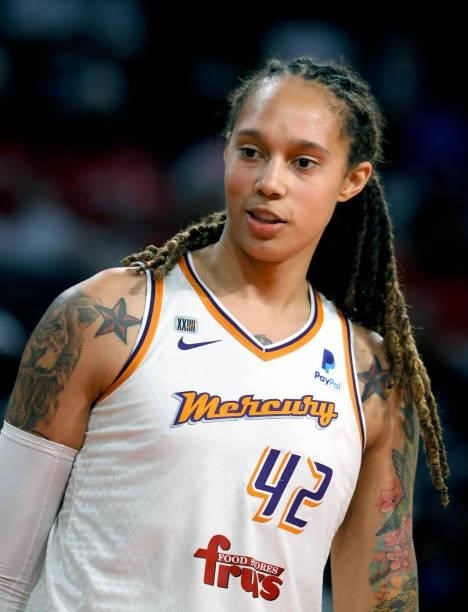 Brittney Griner of the Phoenix Mercury stands on the court as the Las Vegas Aces shoot free throws during Game Two of the 2021 WNBA Playoffs...