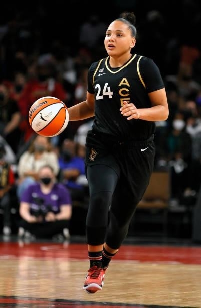 Destiny Slocum of the Las Vegas Aces brings the ball up the court against the Phoenix Mercury during Game Two of the 2021 WNBA Playoffs semifinals at...