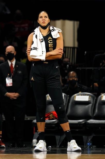 Liz Cambage of the Las Vegas Aces looks on from a baseline during Game Two of the 2021 WNBA Playoffs semifinals against the Phoenix Mercury at...