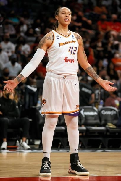 Brittney Griner of the Phoenix Mercury stands on the court as the Las Vegas Aces shoot free throws during Game Two of the 2021 WNBA Playoffs...